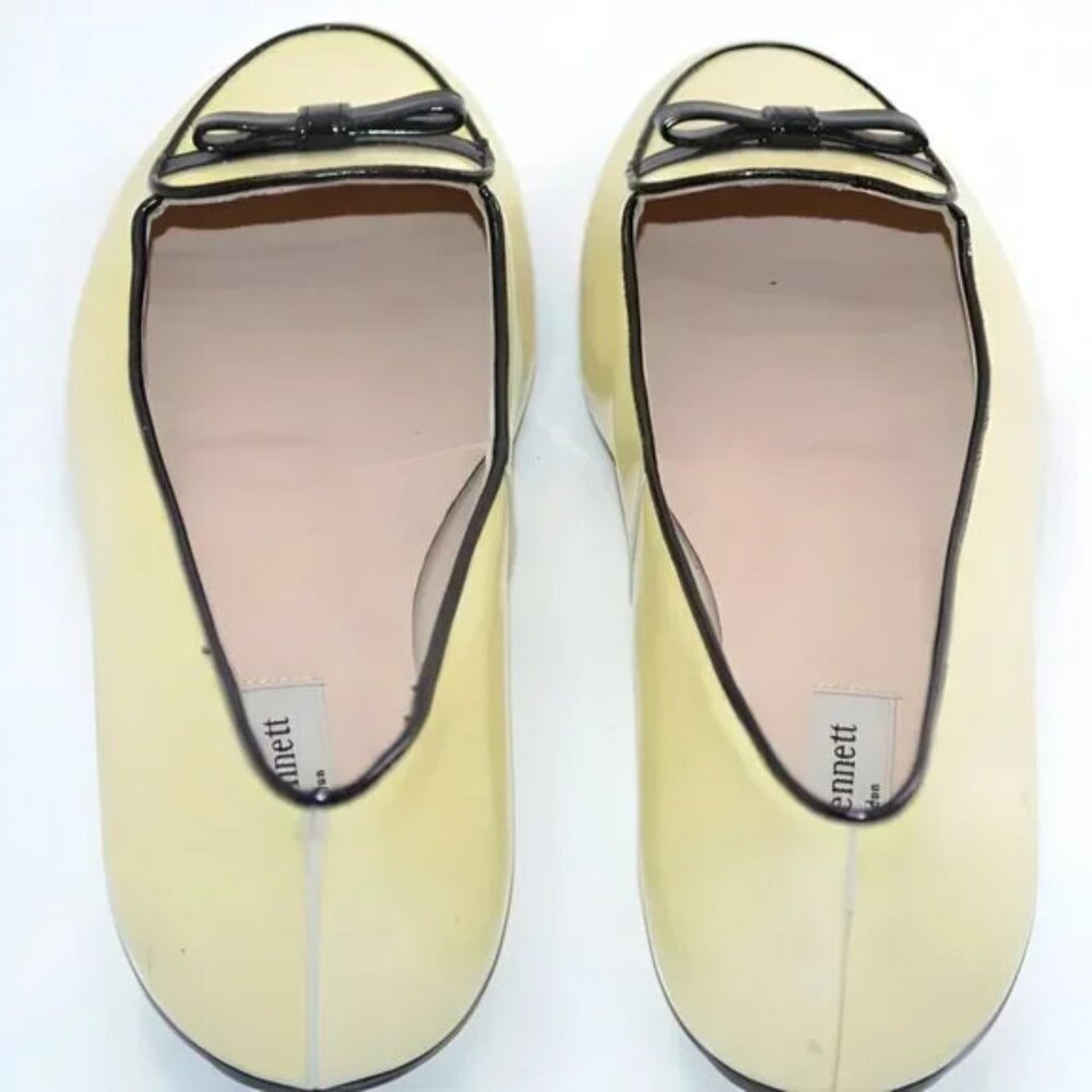 LK Bennet LKB Lemon Yellow Black Bow Cap Toe Patent Leather Shoes Loafers 39 8 - Picture 9 of 11